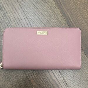 kate spade Dusty Pink Saffiano Zip Wallet with Gold Logo